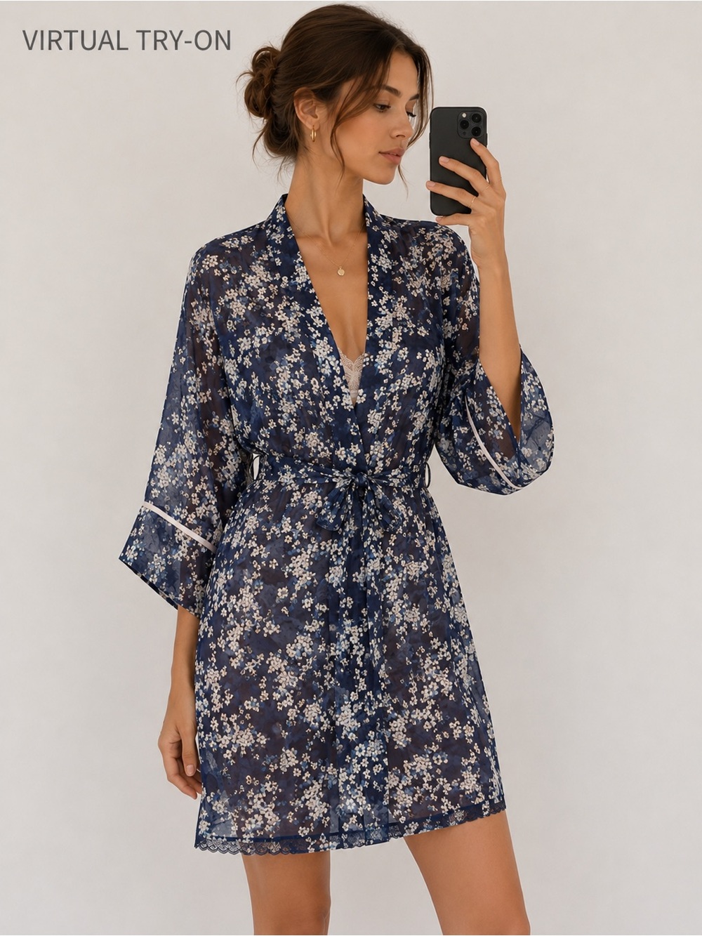 Papinelle Floral Sheer Kimono Robe in Navy and White